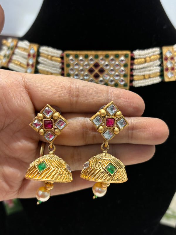 Kundan Pearl Choker Necklace Set with Matching Jhumkas