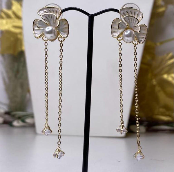 Floral Pearl Long Chain Drop Earrings