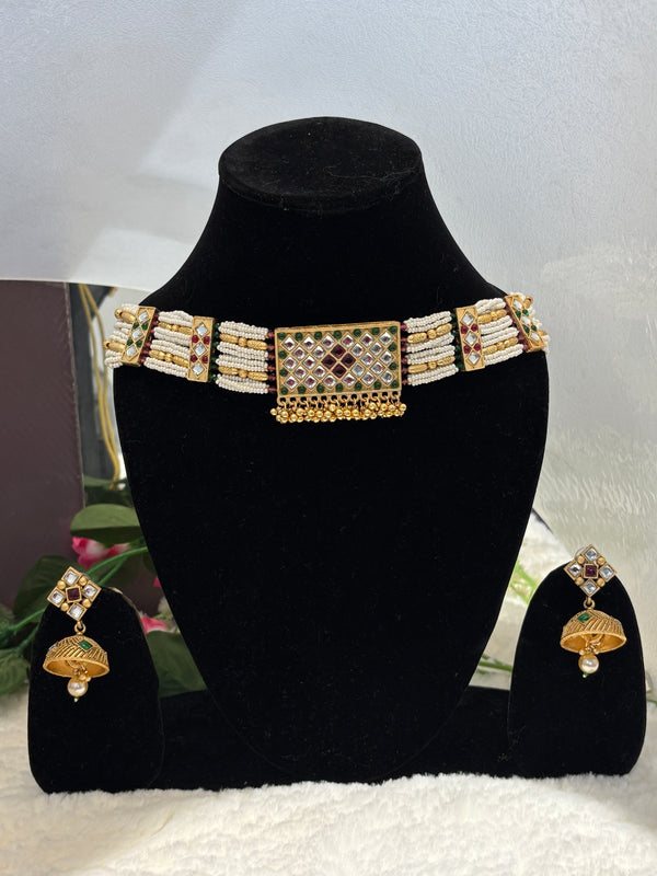 Kundan Pearl Choker Necklace Set with Matching Jhumkas