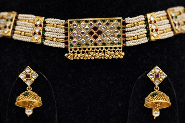 Kundan Pearl Choker Necklace Set with Matching Jhumkas