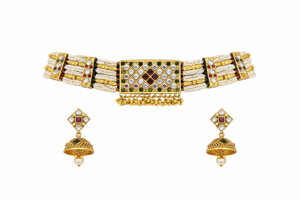 Kundan Pearl Choker Necklace Set with Matching Jhumkas